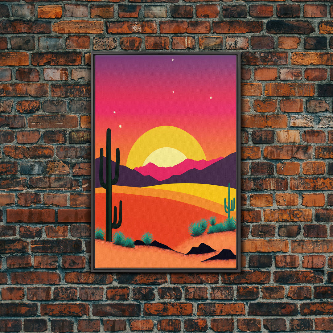 Framed Canvas Art | Sunset Desert Landscape | Pop Art Style | UV-Resistant Coating | Hand-Stretched | 1.5" Thick Wooden Frame