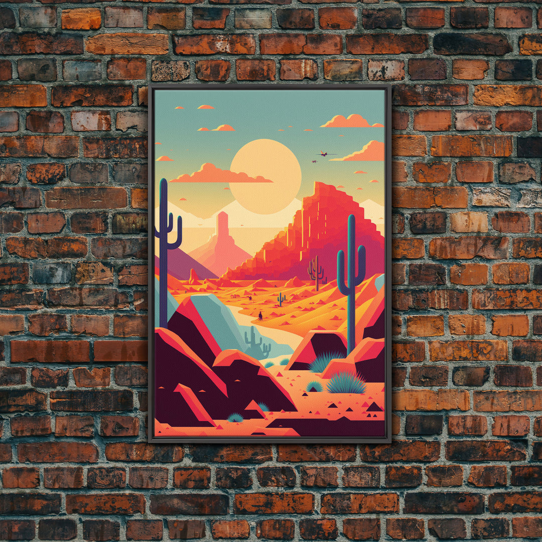 Retro Synthwave Desert Landscape Art, Framed Canvas Print, Unique Sunset Art, Living Room Wall Decor, Framed Art, Southwest Decor