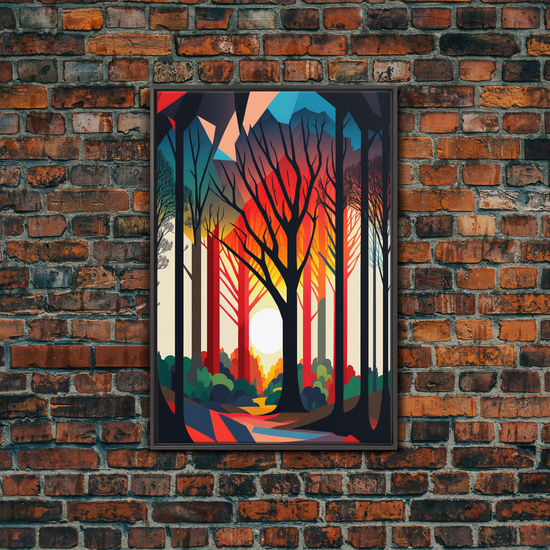 Silhouette Forest Landscape, Framed Canvas Print, Pop Art Minimalist Landscape Art