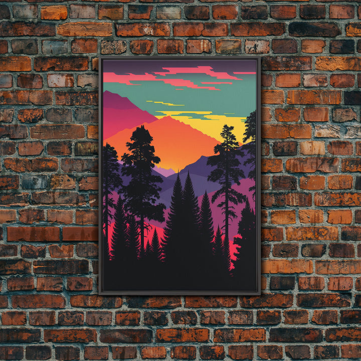 Pacific Northwest Pop Art, Framed Canvas Prints, Washington State, Pine Tree Forest and Mountain Landscape at Sunset, Vibrant Art