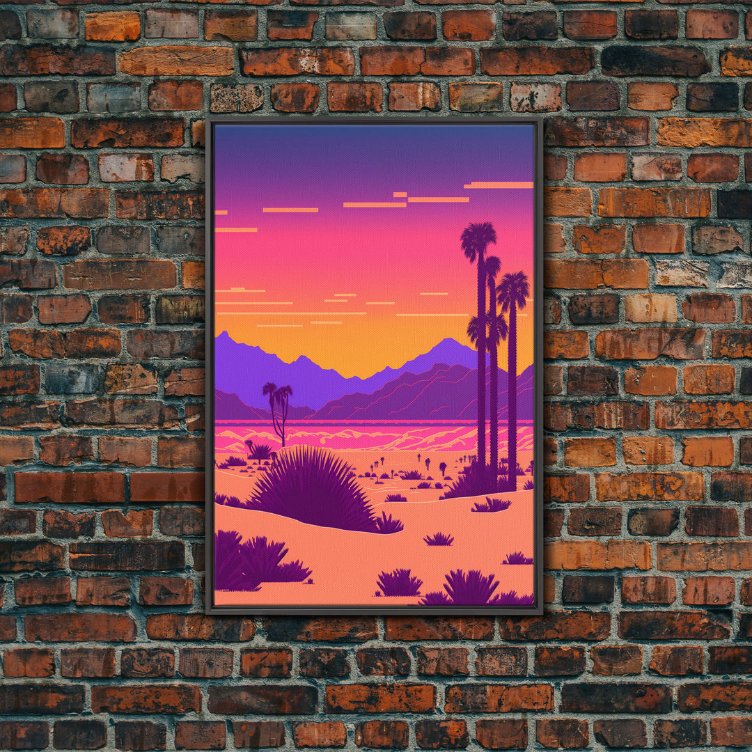 Retro Outrun Style Desert Landscape Print, Framed Canvas Art, Synthwave Style, Southwestern Decor, Western Art, Guest Room Decor