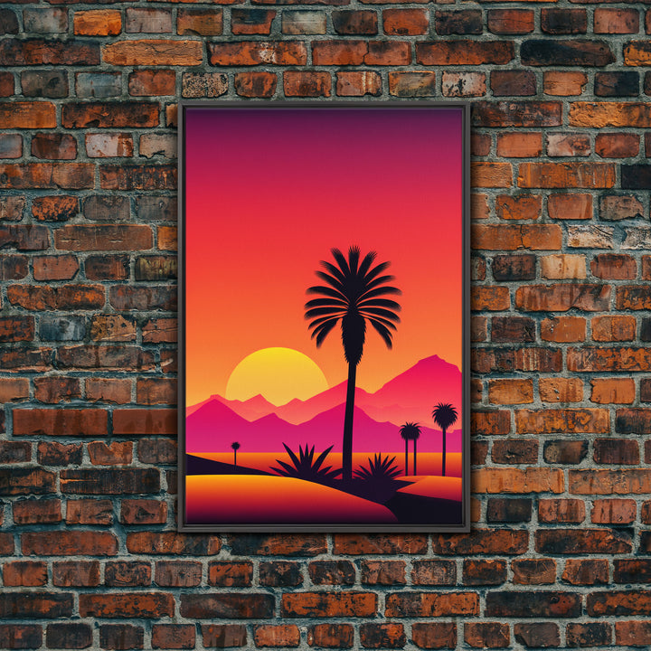 Palm Trees at Sunset, Synthwave Decor, 80s Retro Vibes Landscape Art, Framed Canvas Print