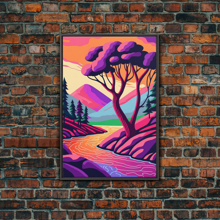 Surrealist Pop Art, Pink Fantasy Landscape Art, Framed Canvas Print