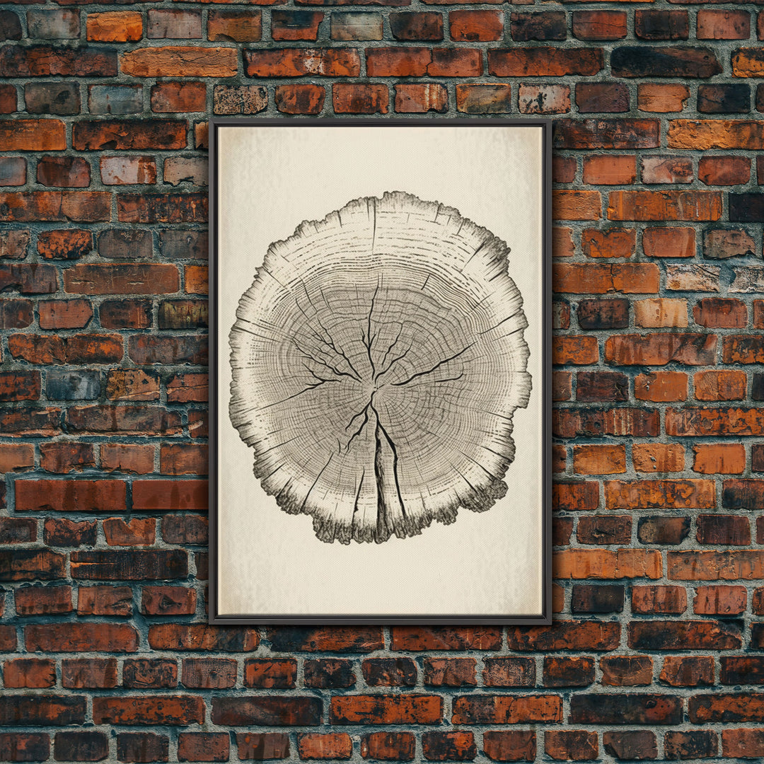 Framed Wall Art Canvas Print, Tree Cross Section, Tree Rings, Rustic Art, Farmhouse Decor, Oak Wood Tree Rings, Illustration, Gift For Him