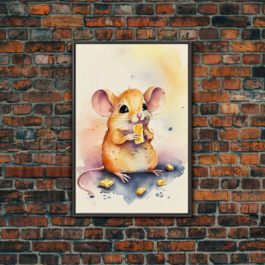 Mouse monchin' some cheese Watercolor Print, Mouse Art Painting, Framed Canvas Print, Cute mouse cartoon