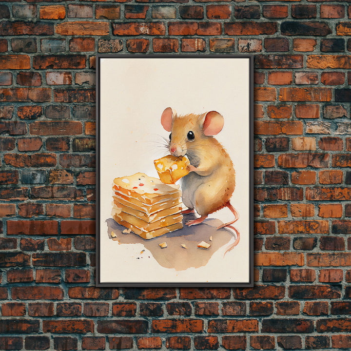 Mouse eatin' some cheese Watercolor Print, Mouse Art Painting, Framed Canvas Print, Cute mouse cartoon