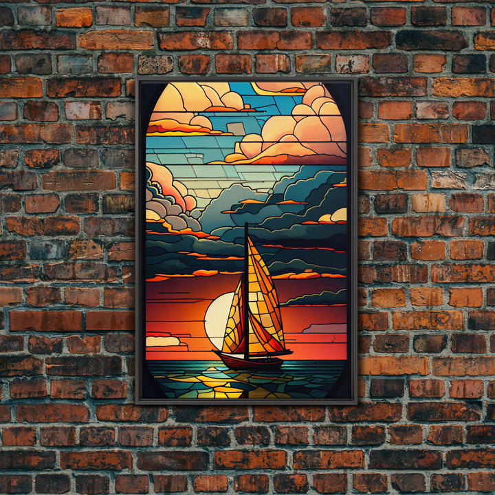 Art Deco Wall Art, Sailboat and Sunset Framed Canvas Print, Art Deco / MCM Wall Art, Stained Glass Reflections