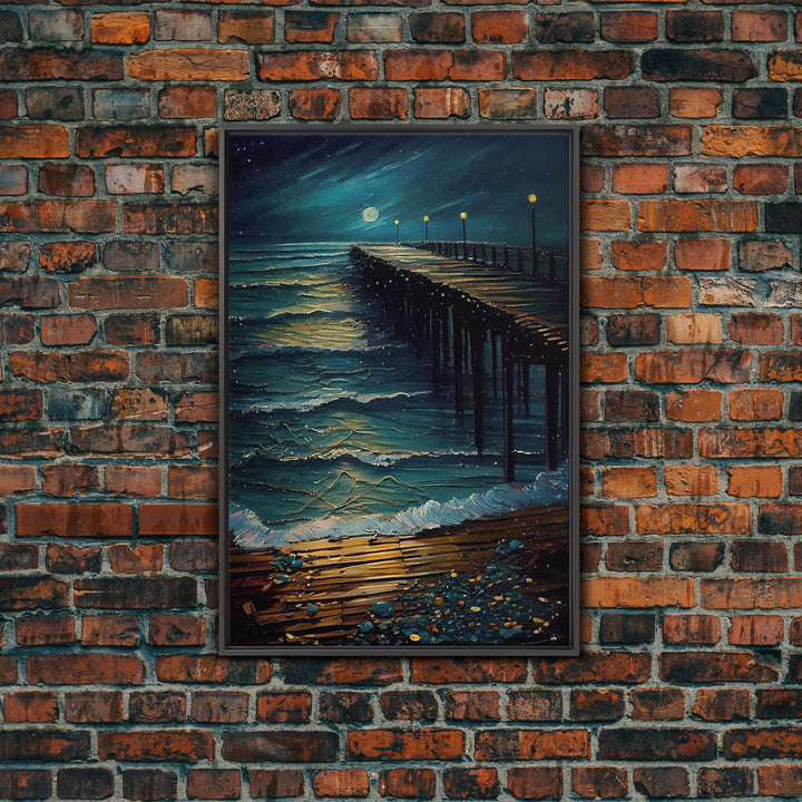 Van Gogh Starry Night Inspired, The Beach Boardwalk at Midnight, Framed Canvas Print, Unique Wall Art, Canvas Art, Living Room Decor