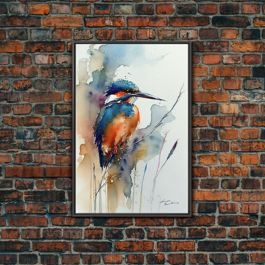 Watercolor of a Kingfisher, Framed Canvas Print, Bird Painting, Bird Watcher Art, Blue and Orange Kingfisher Watercolor Painting