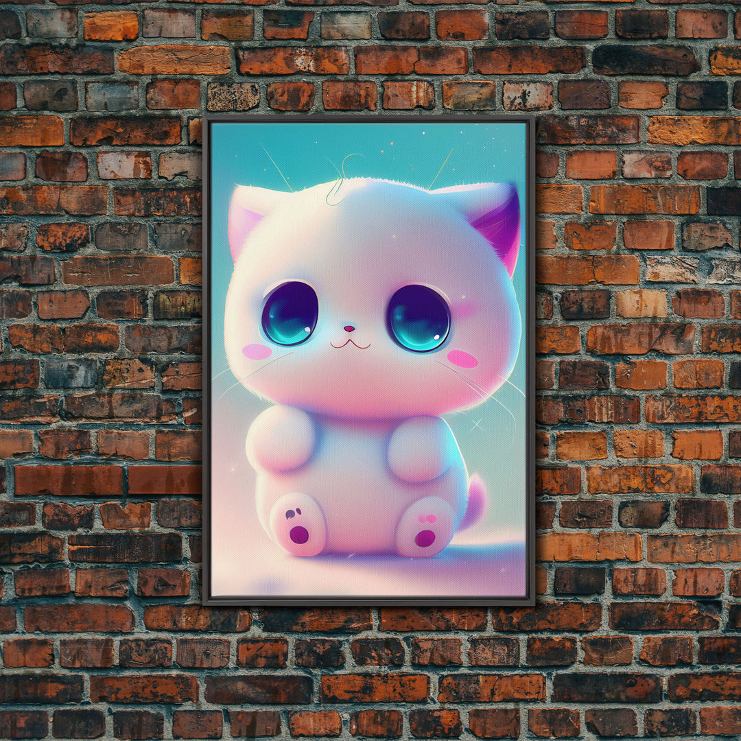 Cute Kawaii Kitten, Anime Style Art, Framed Canvas Print, Framed Art, Cat Portrait, Cartoon Cat