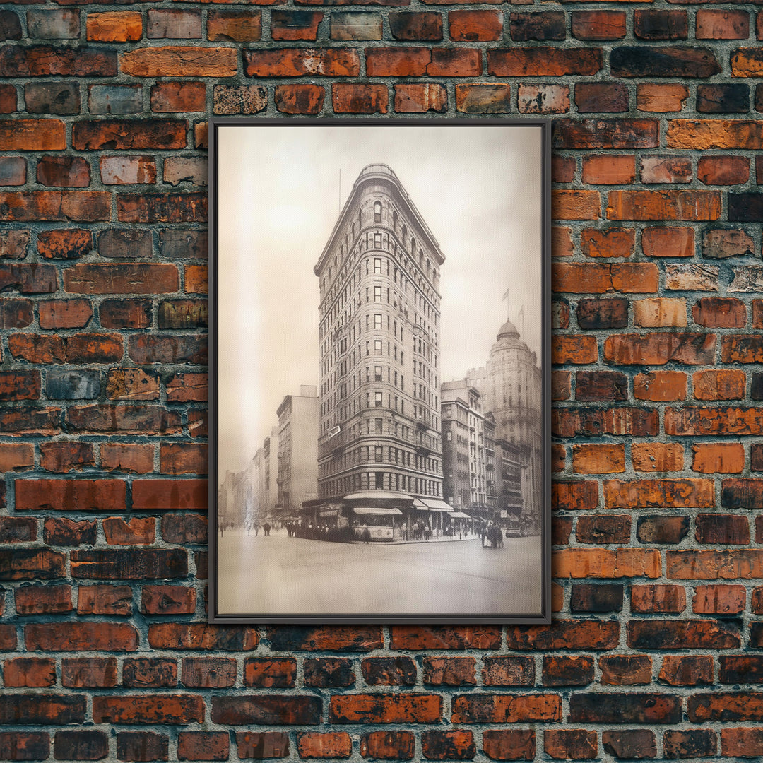 NYC Flat Iron, New York City Art, Framed Canvas Print, Charcoal Drawing, Original Art, Wall Decor, Black And White Art