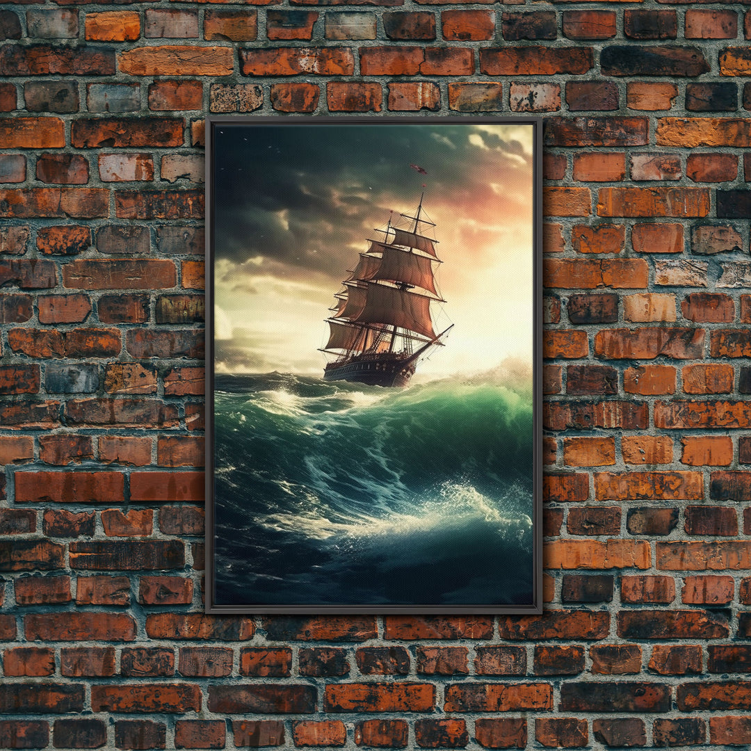 Haunted Pirate Ghost Ship On Rough Seas, Framed Canvas Print, Fantasy Wall Art, Wall Decor, Pirate Wal Art, Gift For Him, Kid's Room