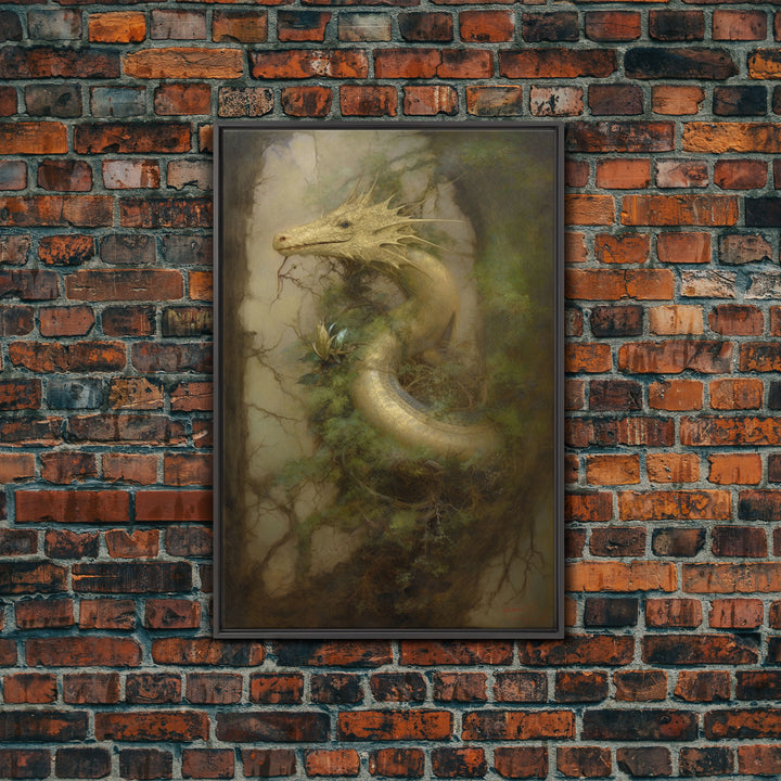 Majestic Green Dragon Wall Art, Framed Canvas Print, Dragon Fantasy Painting, Garden Dragon Abstract Fantasy Art