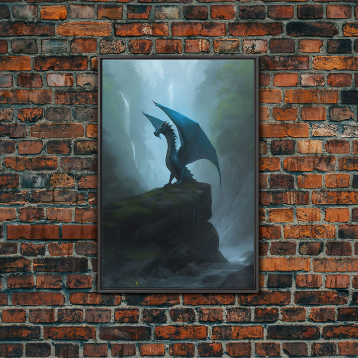 Majestic Forest Dragon Wall Art, Framed Canvas Print, Dragon Fantasy Painting, Forest Dragon Behind Secret Waterfalls Abstract Fantasy Art