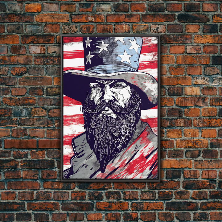 Wild West Uncle Sam Portrait, Patriotic Art, Framed Canvas Print, Stars and Stripes, Wall Art, Wild West Decor