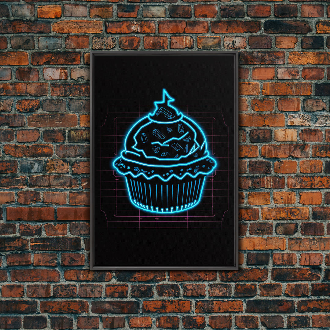 Teal Neon Lights Cupcake Wall Decor, Kitchen Wall Art, Glowing Art, Minimalist Print, Wall Decor, Canvas Print, Wall Art, Framed Canvas