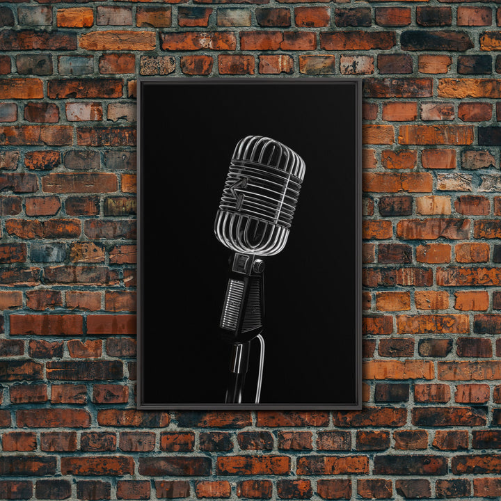 Silver Retro Microphone Wall Art, Mic Wall Art, Music Room Wall Art, Minimalist Print, Wall Decor, Canvas Print, Wall Art, Framed Canvas