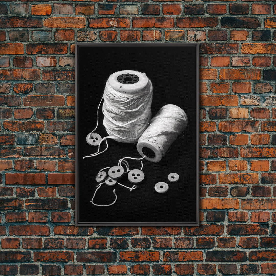 Thread And Buttons Wall Art, Sewing Room Wall Art, Black And White, Minimalist Print, Wall Decor, Canvas Print, Wall Art, Framed Canvas