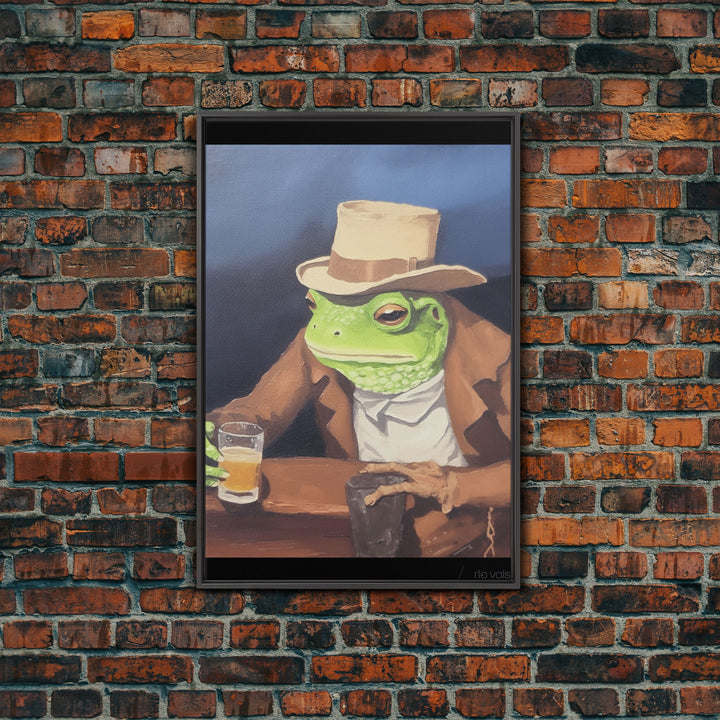 Sad Cowboy Frog Havin' a Beer, Cowboy Frog Framed Canvas Print