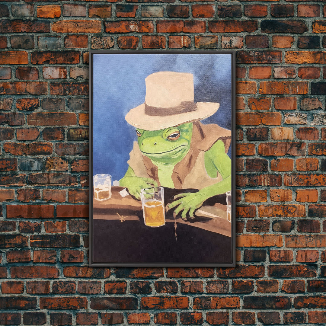 Sad Cowboy Frog Havin' a Beer, Cowboy Frog Framed Canvas Print