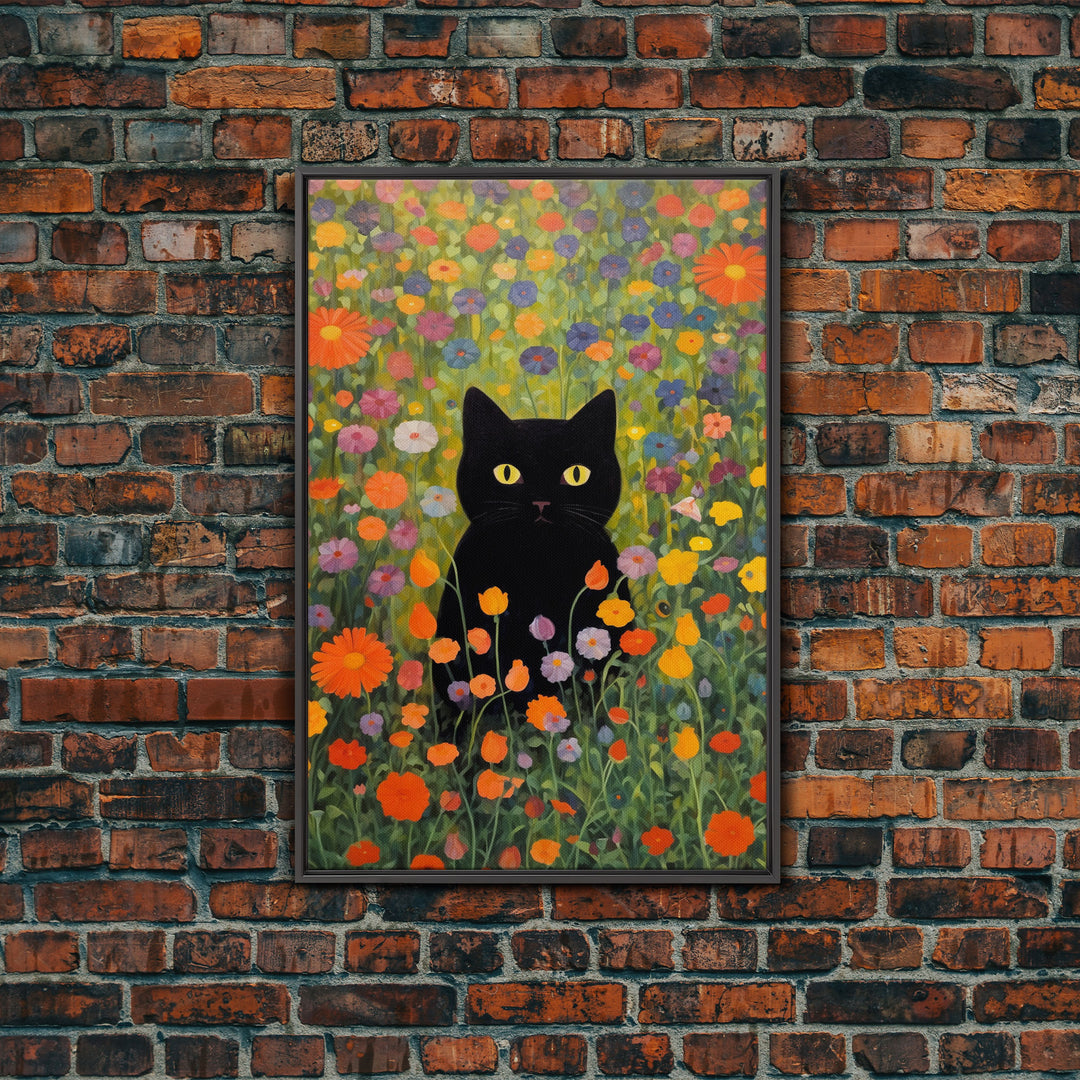 Gustav Klimt Inspired Garden Cat, Funny Black Cat Art, Framed Canvas Print, Fine Art Poster, Cute Cat Art, Funny Gift, Funny Cat Prints