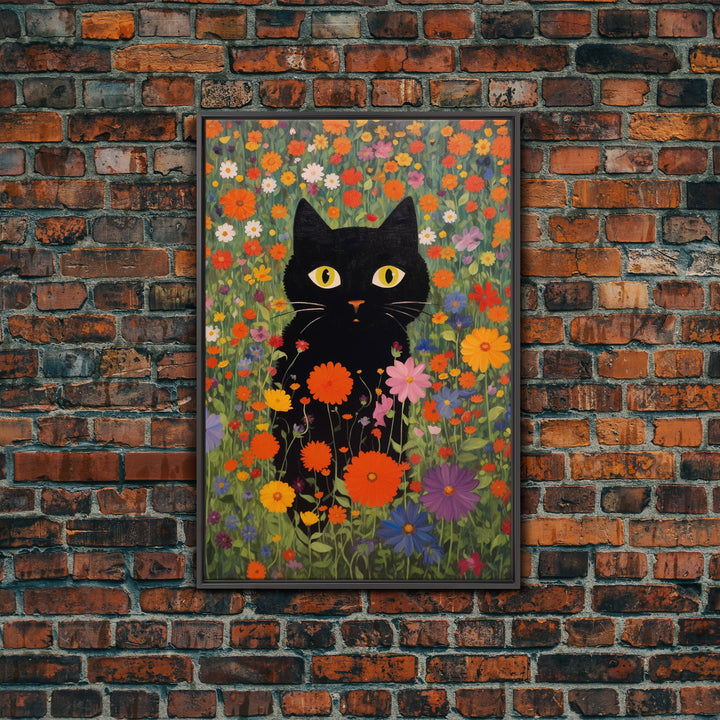 Gustav Klimt Inspired Garden Cat, Funny Black Cat Art, Framed Canvas Print, Fine Art Poster, Cute Cat Art, Funny Gift, Funny Cat Prints