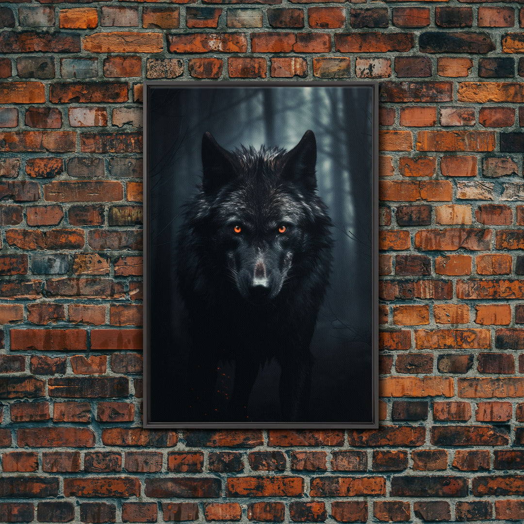 Red Eyed Wolf Print, Black Wolf On The Hunt, Framed Canvas Art