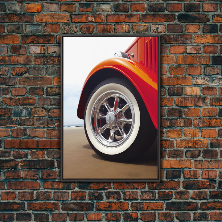 Hot Rod Art, Hot Rot Photography Print, Framed Canvas or Poster, Close Up Shot Of 1930s Hot Rod Chrome Rims, Orange Hot Rod, Gift For Him