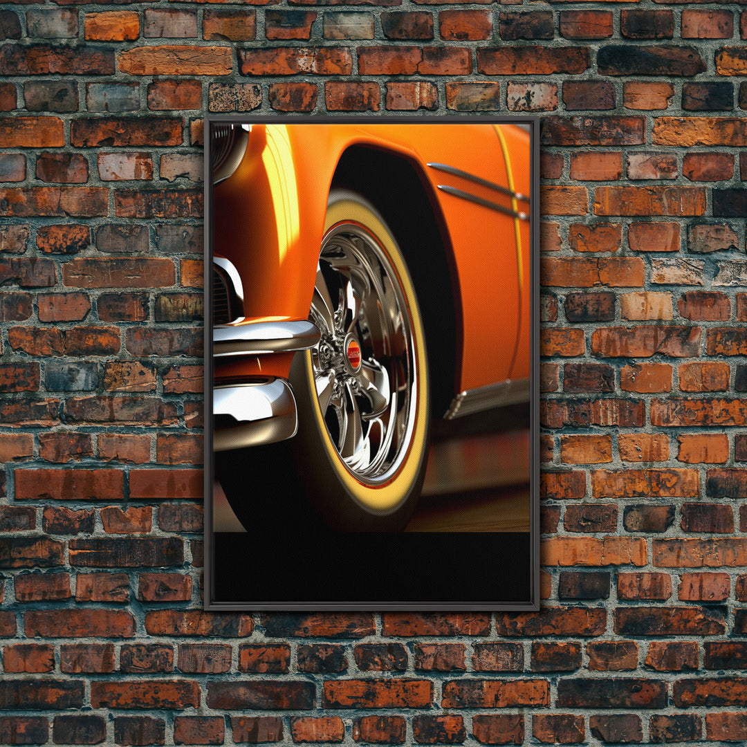 Hot Rod Art, Hot Rot Photography Print, Framed Canvas or Poster, Close Up Shot Of 1950s Hot Rod Chrome Rims, Orange Hot Rod, Gift For Him