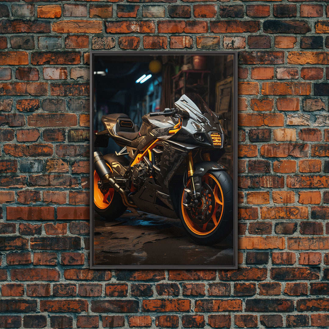 Sport Bike Wall Art, Framed Canvas Print, Futuristic Cyberpunk Motorcycle Wall Art