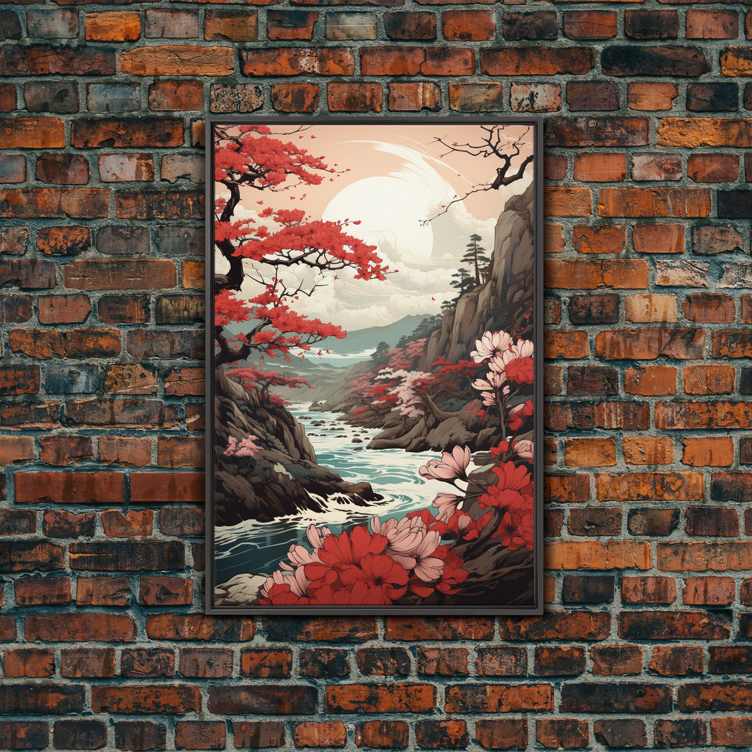 Japanese Wall Art, Japanese Maple Tree, Framed Canvas Print, Japanese Art, Japanese Hanging Wall Art, Red Maples Above A Calm Stream