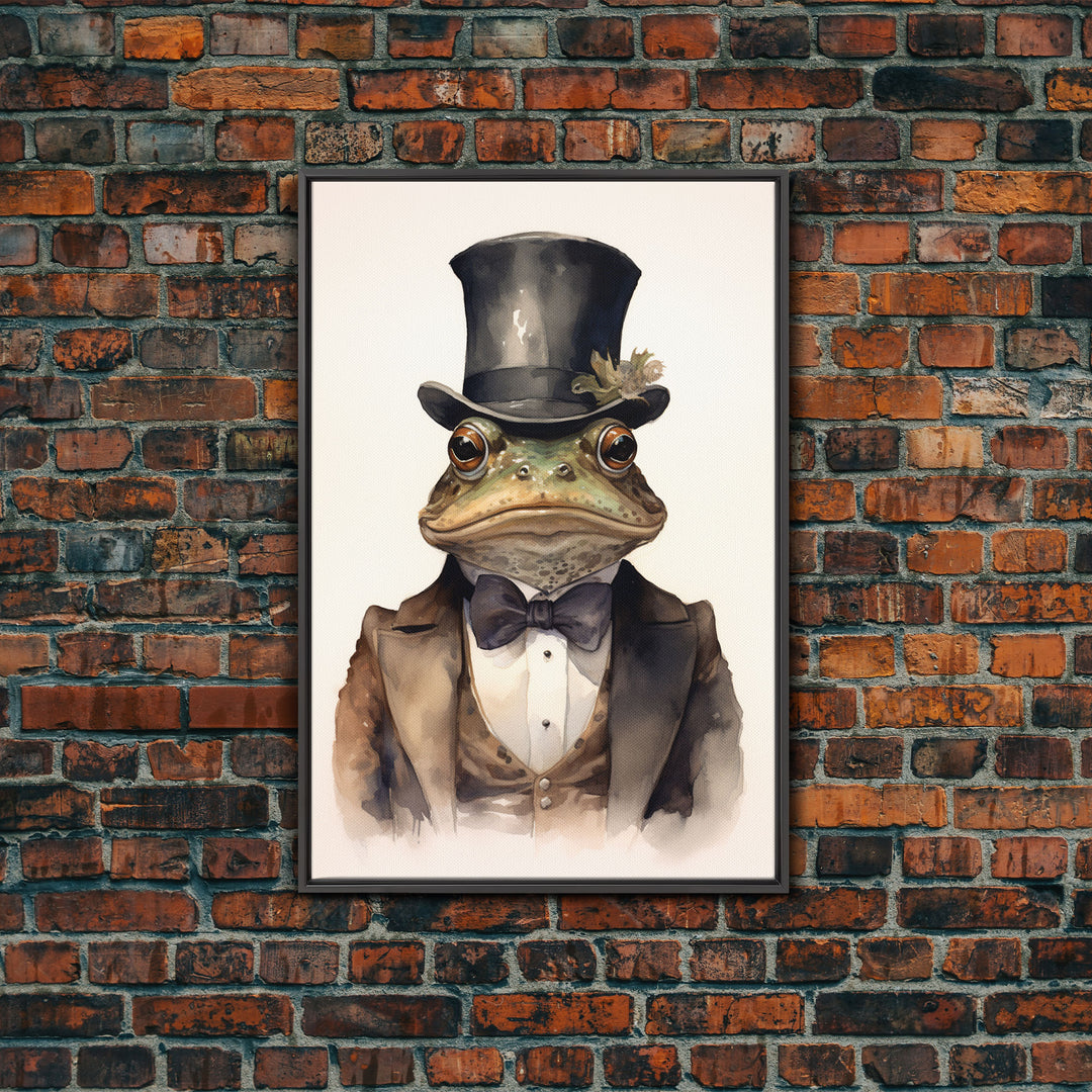 Toad Victorian Portrait, Vintage Style Animal Wall Art, Framed Canvas Print, Handmade Canvas Art, Le Business Toad