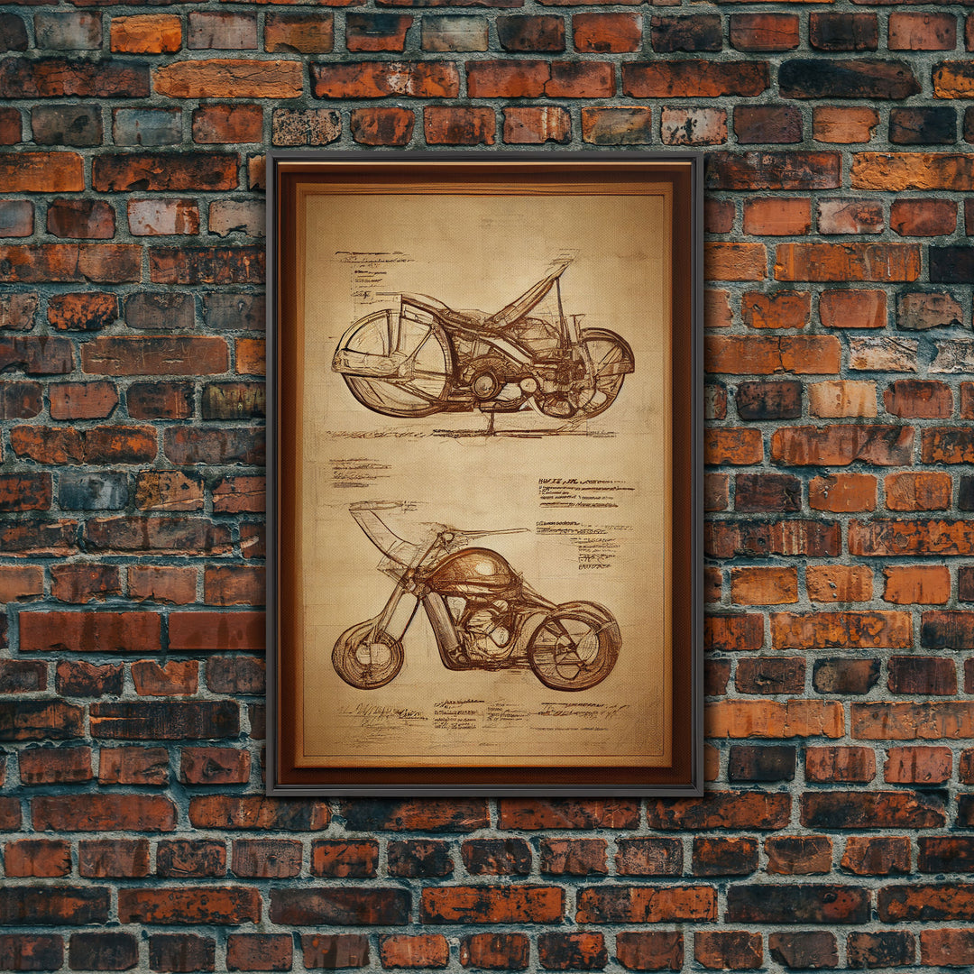 Steampunk motorcycle diagram wall art, canvas print, mancave decor, Da Vinci style diagram motorcycle art, abstract man cave art