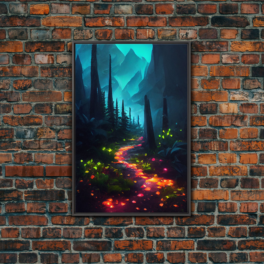 Luminescent magical forest poster art, fine art print, glowing trail though the trees, fantasy art, gloomy wall art, dark decor