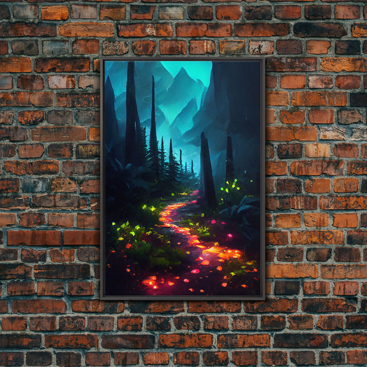 Luminescent magical forest canvas print, glowing trail though the trees, fantasy art, gloomy wall art, dark decor