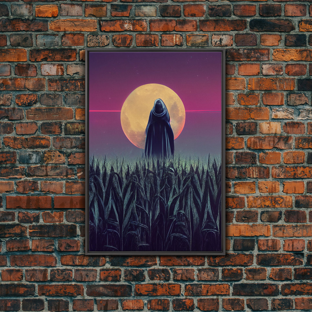 Spooky scarecrow in a corn field canvas print, full moon, Halloween art, scary art