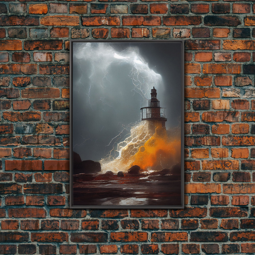 Lighthouse Oil Painting Canvas Print, Light house landscape print, Lighthouse in a storm with lightning and thunder, waves crashing