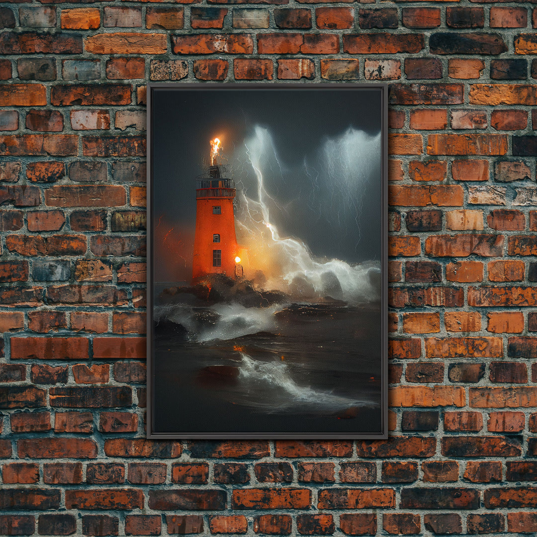 Lighthouse Oil Painting Canvas Print, Light house in a hurricane, dark stormy night, waves crashing