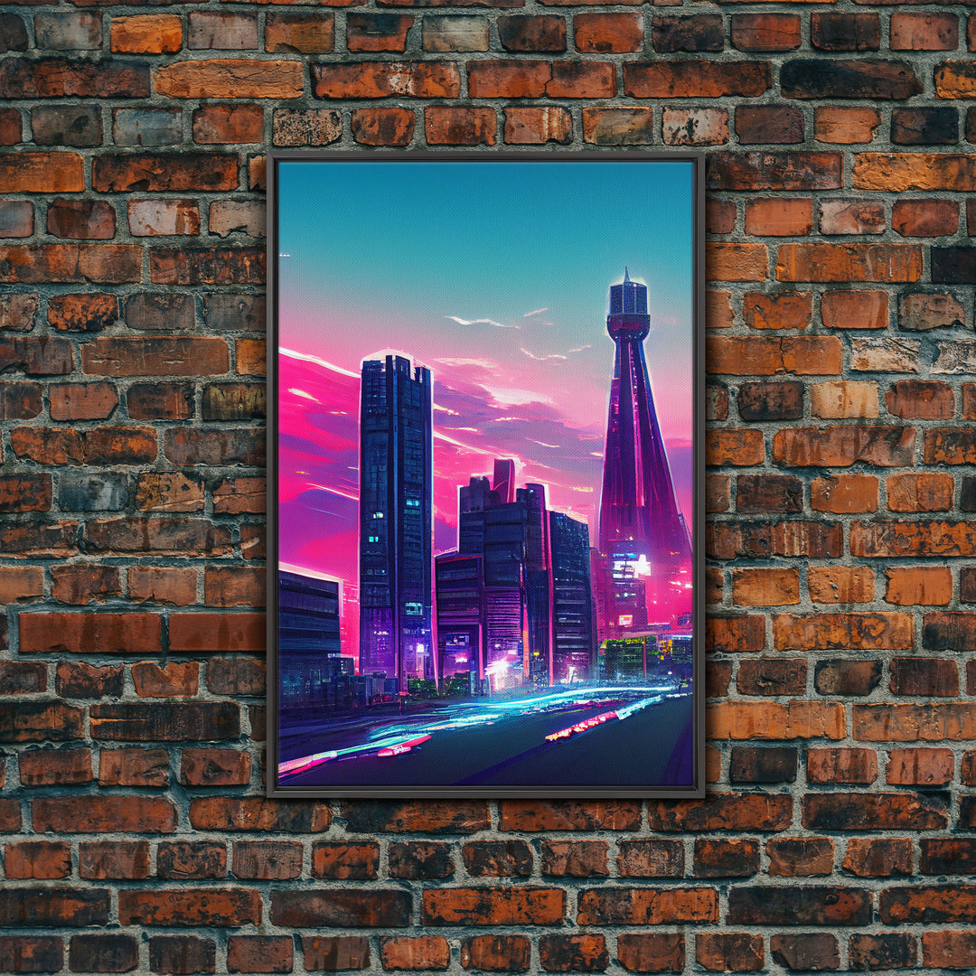 Vaporwave aesthetic wall art, cyberpunk city poster art, cool living room art, synthwave wall art, retro 80s style cyberpunk fine art print