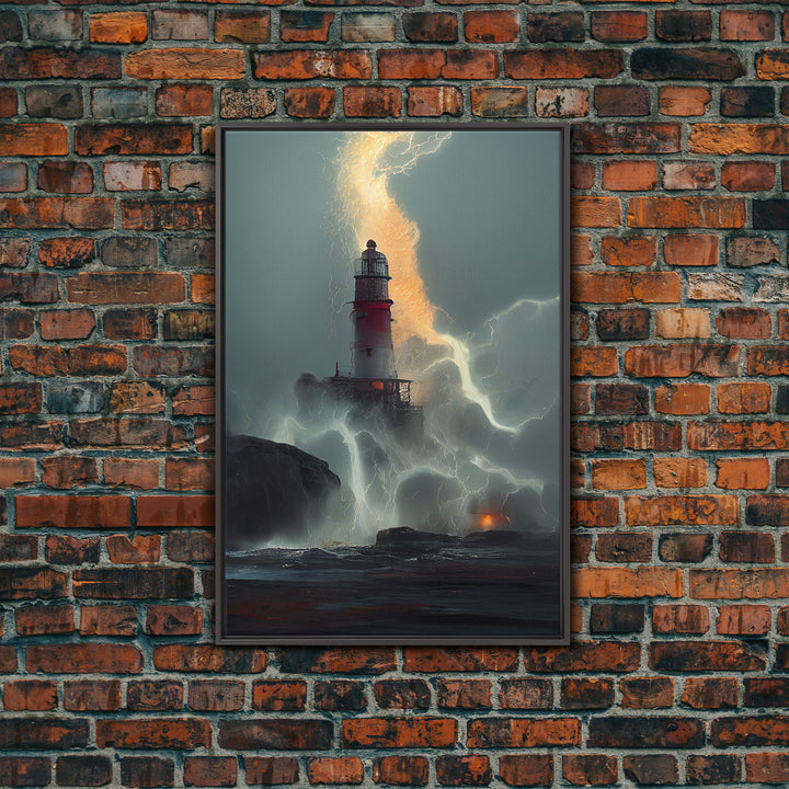 Lighthouse Oil Painting Canvas Print, Lightning striking a lighthouse during a dark stormy night, gloomy wall art