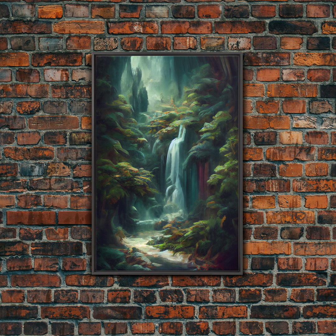 Waterfall in the forest canvas print, fantasy wall art, watercolor print, high fantasy, nature landscape living room wall art