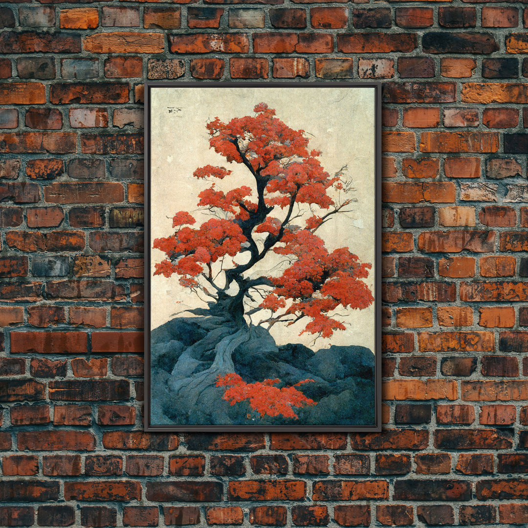 Japanese maple tree canvas print, vintage style wall art, woodblock print style wall art