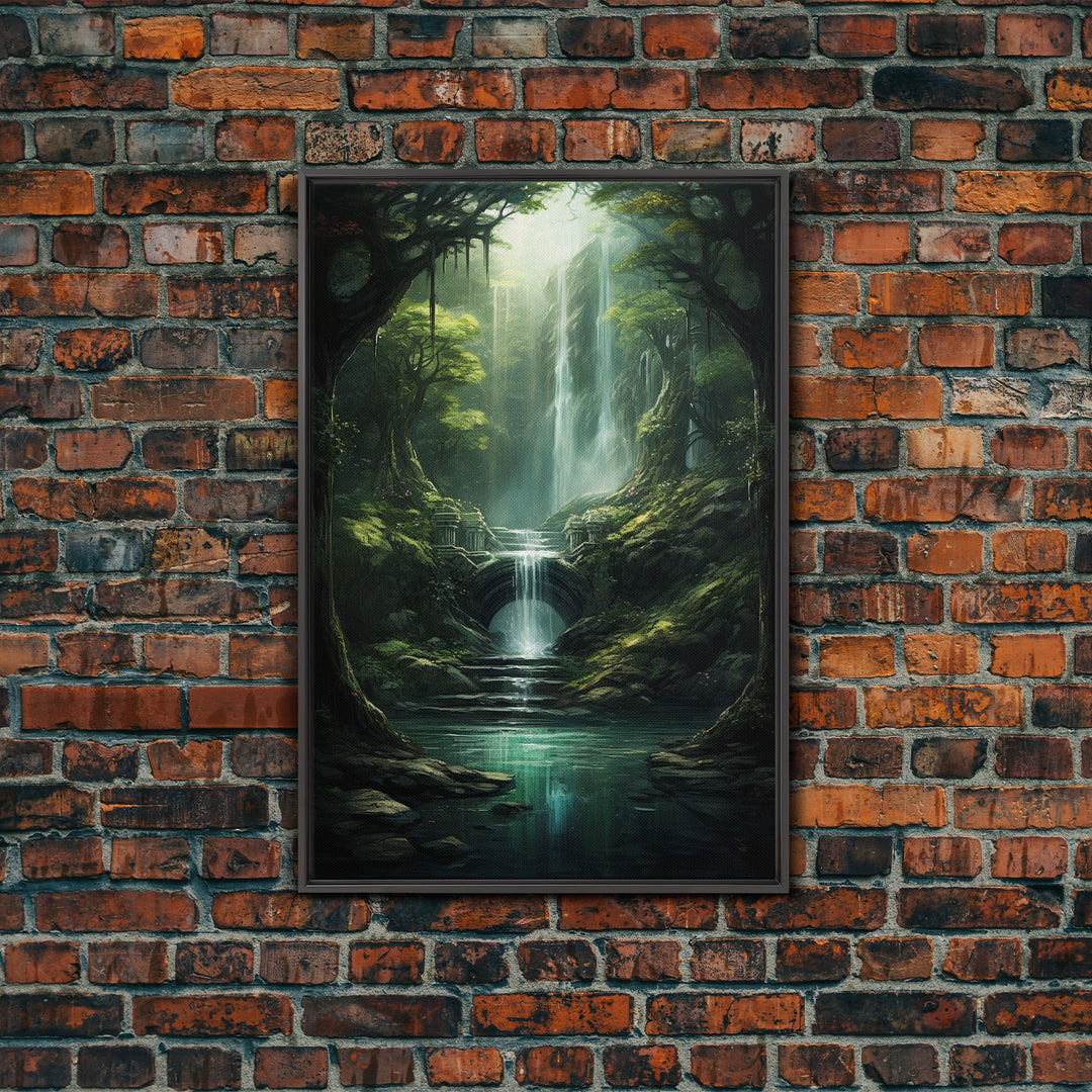 Enchanter Forest, Waterfalls Wall Art, Fantasy Artwork, Canvas Print, Wall Art, Vertical Print, Video Game Art, College Dorm Decor