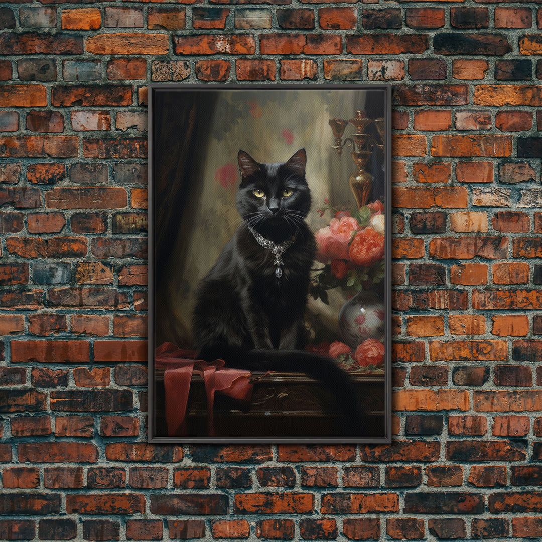 The Witch's Familiar, Black Cat Art, Halloween Retro Canvas / Canvas Print, Goth Wall Art, Goth Portrait Art, Goth Art 5x7