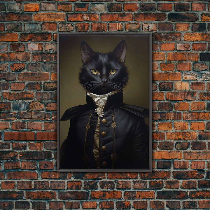 Admiral Meow Reporting For Duty, Victorian Cat Portrait Art, Framed Canvas Print, Gothic Dark Academia Wall Art