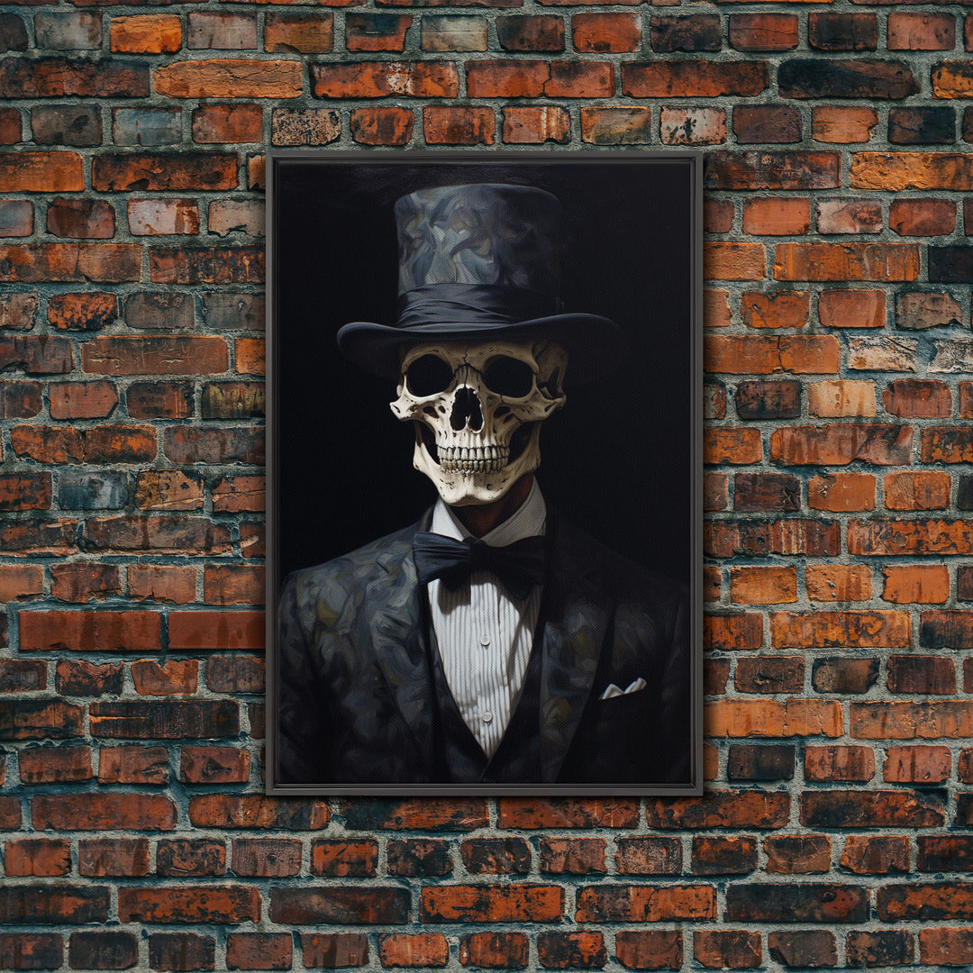 Skeleton In A Bowler Hat, Renaissance Skeleton, Framed Canvas Print, Gothic Halloween Decor, 1920s Style Art Deco Horror Art