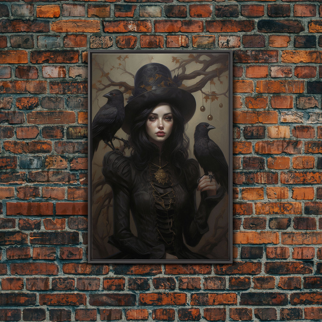 The Witch and Her Ravens, Framed Canvas, Oil Painting Print, Halloween Decor, Gothic Art, Dark Academia, Witchcraft Halloween Art