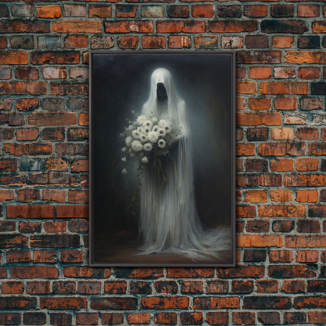 The Ghost With The Flowers, Halloween Canvas Print, Framed Canvas, Unique Wall Art, Goth Art, Dark Academia, Witch Art, Witchcraft