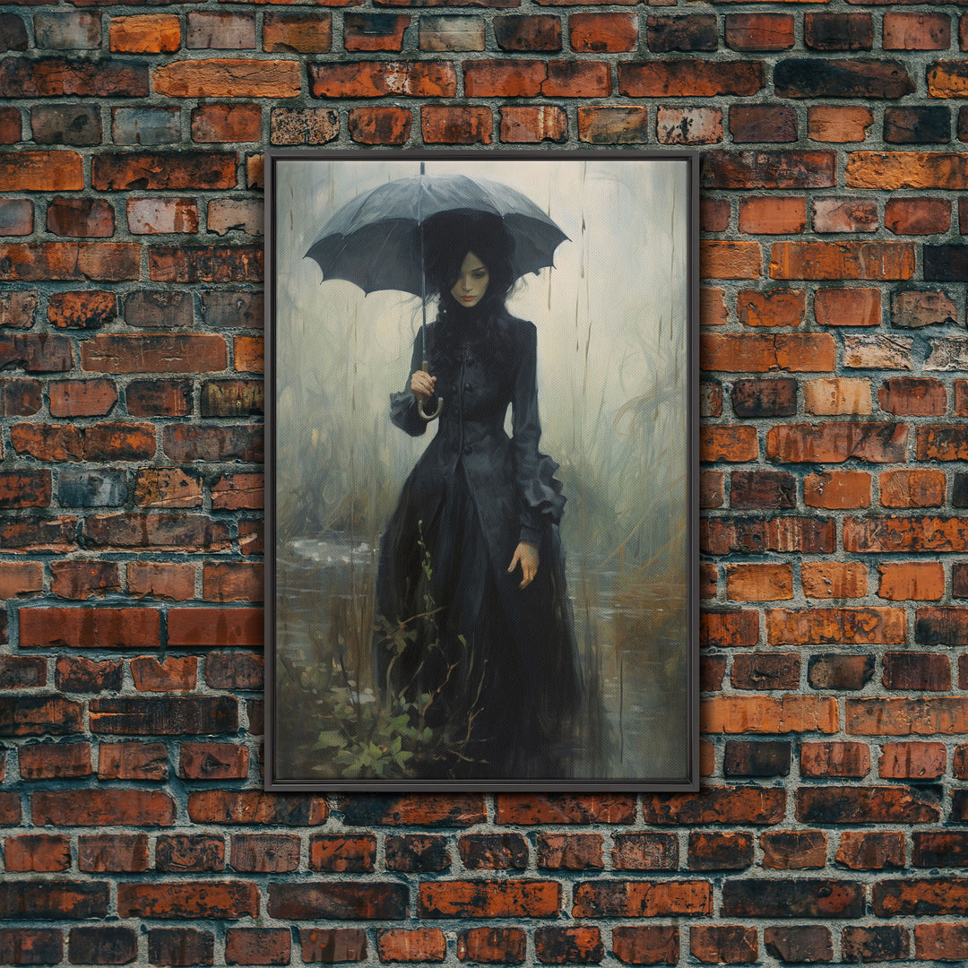 Victorian Witch In The Rain, Halloween Decor, Framed Canvas Print, Halloween Poster Art, Victorian Oil Painting, Goth Decor