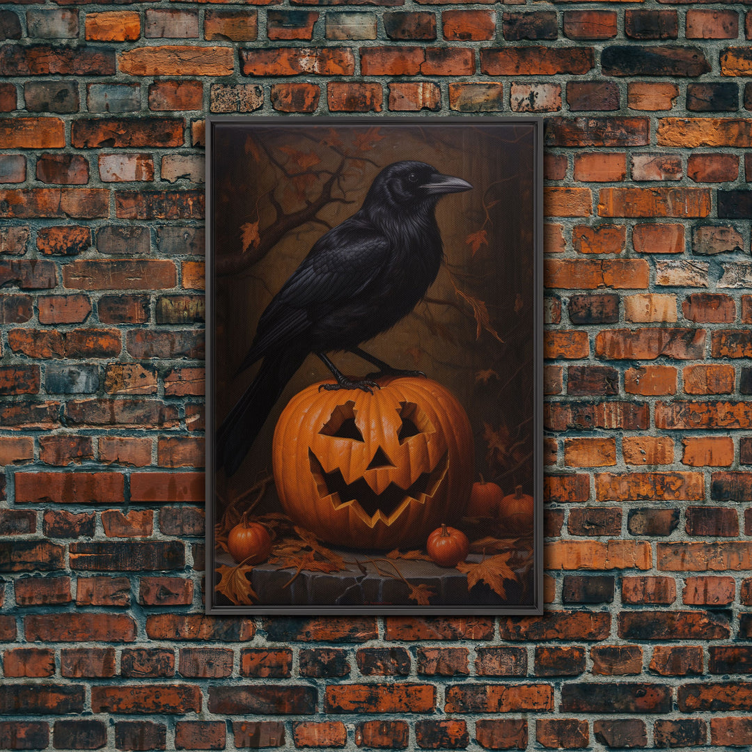 Crow Atop A Jack O Lantern, Framed Canvas Print, Halloween Decor, Raven Painting, Victorian Oil Painting Print, Macabre Horror Print